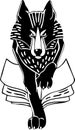 Severe wolf with paw on the book ex libris stamp vector