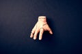 Severed hand Thing from Addams Family on dark background. Halloween holiday decoration