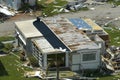 Severely damaged by hurricane Ian houses in Florida mobile home residential area. Consequences of natural disaster