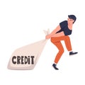 Severity of Mortgage with Man Pulling Huge Sack as Heavy Burden of Credit Vector Illustration