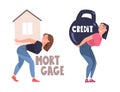 Severity of Mortgage with Woman Carrying Huge House and Kettlebell as Heavy Burden of Credit Vector Set