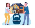 Severity of mortgage for young family. Tired guy and girl holding up their home. Weight hanging on building. Real estate