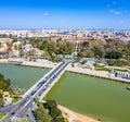 Sevilla city. Beautiful Aerial Panorama Shot. Centre and its landmarks,, Spain, Seville