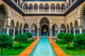 SEVILLA, SPAIN, JANUARY 7, 2016: view of the courtyard of the maidens situated inside of the royal alcazar palace in the