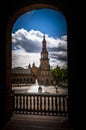 Frame to frame of the Spain Square Plaza de Espana in Seville, with bridges over the canal, lake, fountain, towers and main Royalty Free Stock Photo