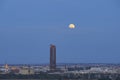 Seville\'s Nocturnal Splendor: Giralda and Sevilla Tower Bathed in Moonligh Royalty Free Stock Photo