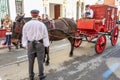 Seville, Spain - April  15, 2018: Horse drawn carriage of beer delivery in Seville April Fair Royalty Free Stock Photo