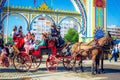 Spanish families in traditional and colorful dress travelling in a horse drawn carriages at the April Fair, Seville Fair Royalty Free Stock Photo