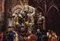 Seville, Spain - April 12, 2023: Tourists crowds around Tomb of Christopher Columbus - famous Italian navigator and explorer - the