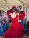 Young and beautiful women wearing flamenco dresses and dancing `Sevillanas ` at the April Fair,