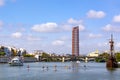 SEVILLE, SPAIN - february 28, 2022: Seville Cityscape Panorama. Famous spanish city skyline overlooking Guadalquivir