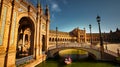 Seville, Spain - February 17th, 2020 - Seville Plaza de Espana / Spain Square with the view to the Bridges, rowing boats and Royal Royalty Free Stock Photo