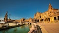 Seville, Spain - February 16th, 2020 - Spain Square / Plaza de Espana with the canal, tourists visiting and plenty of beautiful Royalty Free Stock Photo