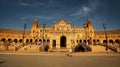 Seville, Spain - February 20th, 2020 - Seville Spain Square Plaza de Espana with front view to the bridges and the building Royalty Free Stock Photo