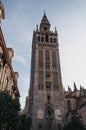 Low angle view of The Giralda, the bell tower of Seville Cathedral in Seville, Spain Royalty Free Stock Photo