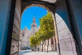 Seville, Spain; July 1 2020. Seville Cathedral Giralda tower from Alcazar arch door