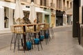 Seville, Spain, July 15, 2021: Seville tapas terraces empty. Covid-19 restrictions.