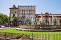 Seville, Spain - 25 June 2018: Fuente de Sevilla fountain on Puerta de Jerez square