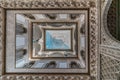 Wide angle view of Patio de las Munecas - Dolls Courtyard at Royal Alcazars of Seville. UNESCO world heritage site