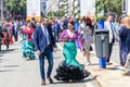 Seville, Spain - May 5, 2019: People entering in the April Fair through of main door of the Fair of Seville on May, 5, 2019 in Royalty Free Stock Photo