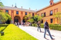 Seville, Spain - May, 8th, 2019 Beautiful wide view of the traditional garden inside a palace of Seville, Andalusia