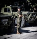 Woman spanish soldier in service of control during Armed Forces Day in Seville, Spain