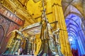 Four Spanish Kingdoms` sculptures, holding Tomb of Christopher Columbus, Seville Cathedral, on Sept 29 in Seville, Spain