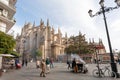 Street life near Roman Catholic Seville Cathedral and vendors, pedestrians and tourists