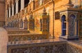 Seville, Spanish square Plaza de Espana and decorative architecture known as azulejo, sunset view