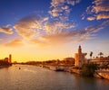 Seville sunset skyline torre del Oro in Sevilla