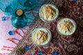 Seviyan kheer.payasam,khir,payesh,vermicelli kheer is Indian pudding made during Diwali,Dussehra,Eid.Top view of three bowls