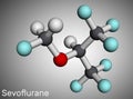 Sevoflurane, fluoromethyl molecule. It is inhalation anaesthetic, used for the general anesthesia. Molecular model. 3D rendering