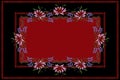 Frame for a black tablecloth with a striped red border and framed with embroidered flowers of red and pink petals with blue flower Royalty Free Stock Photo