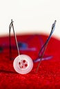 Sew needles, strings and button - repair kit Royalty Free Stock Photo