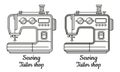 Sew on sewing machine, tailor shop line icon. Tailoring, repair clothes, embroidery. Dressmaking workshop, electric tool. Vector