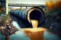 Sewage discharge from a pipe into a river. Dumping of industrial waste into a clean river. Climate change. Royalty Free Stock Photo