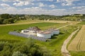 A sewage treatment plant away from the city among the fields. Solar cells are accumulating free energy. Ecology of the use of natu