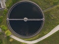 Sewage treatment plant facility shot from birds eye aerial view.