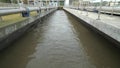 Sewage water dispersion is aerated to separate heavier sludges at bottom. The first sedimentation step in wastewater treatment