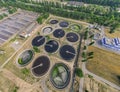 Sedimentation tanks in a sewage treatment plant, Aerial view