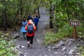 SEWARD, ALASKA - AUGUST 6, 2018: Hikers set out on the Harding Ice Field Trail Royalty Free Stock Photo