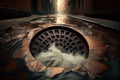 sewer breakthrough with dirty water rushing out of the sewer and onto the street Royalty Free Stock Photo