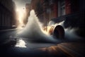 sewer breakthrough with steam and hot water flowing onto the street, after heavy rain