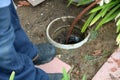 Sewer cleaning. A plumber uses a sewer snake to clean blockage in a sewer line