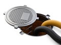 Sewer hatch with open lid manhole hole cover and big crimped suction hoses for waste disposal Royalty Free Stock Photo