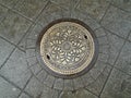 Sewer metal heavy hatch with ornament. Old historic street in the city center of Budapest, Hungary. Engineering urban systems.