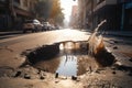 sewer water gushing out of broken pipe, forming large puddle on the street