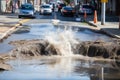 sewer water gushing out of broken pipe, forming large puddle on the street