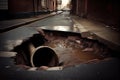 sewer water overflowing from broken pipe, flooding street and sidewalk