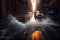 sewer water overflowing and flooding the street after a downpour